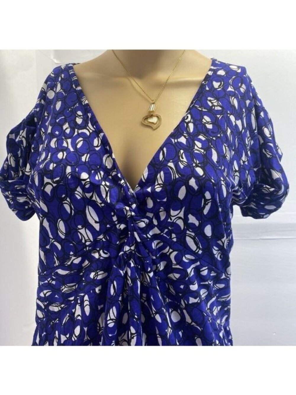 Anne Klein Women’s Blouse Top Short Sleeve V Neck Blue White Size M Pre Owned - Picture 9 of 11